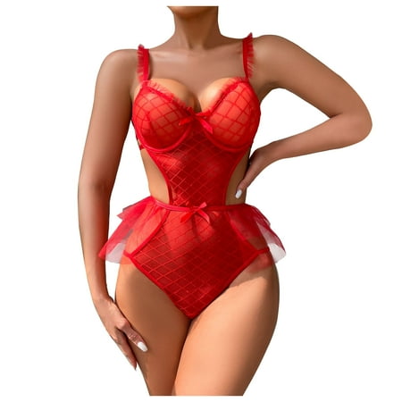 

Tarmeek Women s Sexy Lingerie Valentines Ladies Fashion Sexy Lingerie Lace Lattice Ruffles Hollow Sexy Suspenders See-through Mesh Jumpsuit Teddy Babydoll Bodysuit Lingerie for Women Sexy Naughty