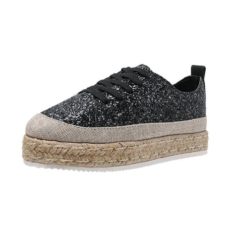 

GEZHEN Women s Solid Color Sequined Lace Up Thick Soled Casual Shoes Ladies Fashion Sequin Breathable Platform Shoes Non Slip Low Top Platform Shoes