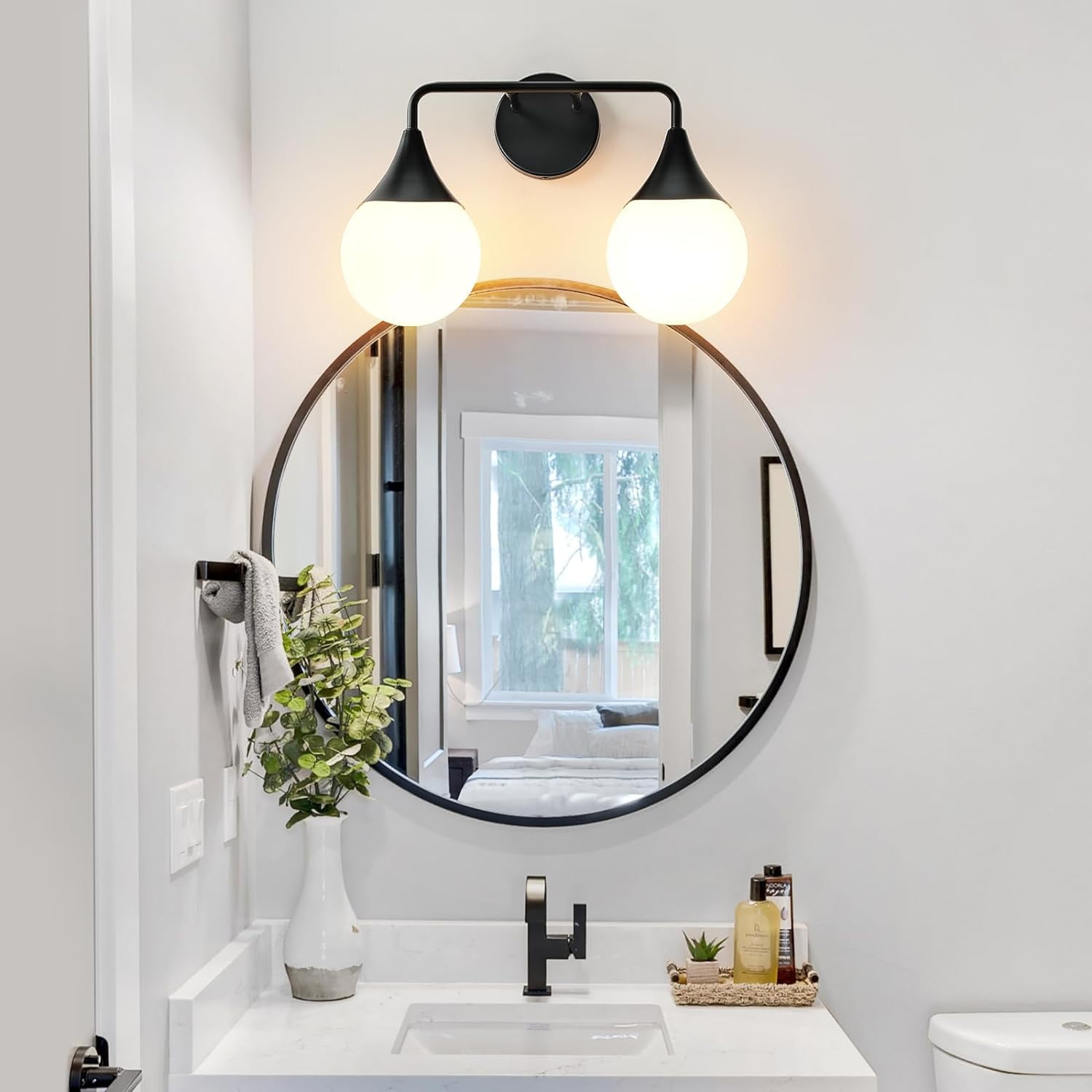 Bathroom Vanity Light 2 Lights Bathroom Lighting Fixtures Over Matte Black Wall Sconces with Frosted Globe Glass for Hallway Restroom