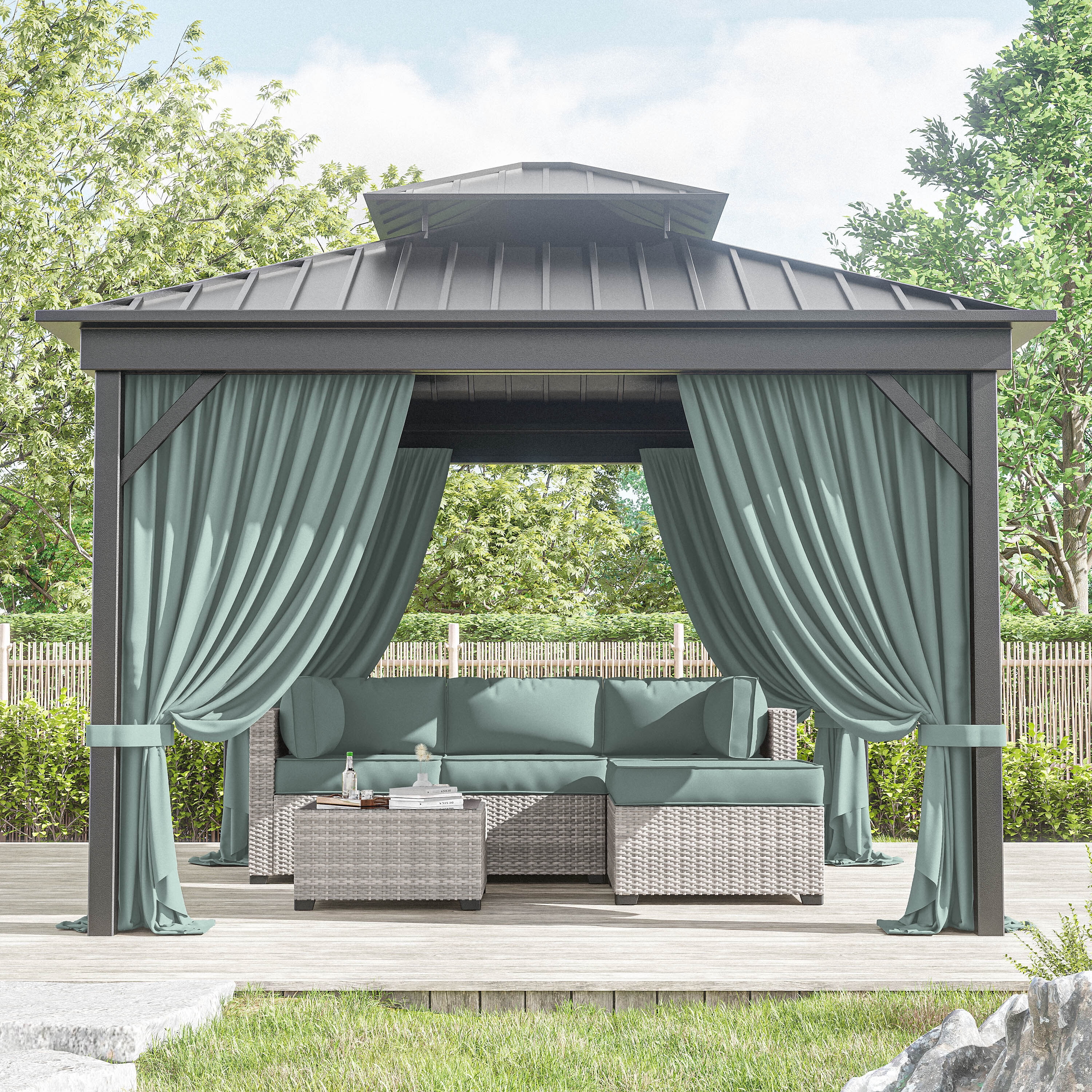 Kimunuk Outdoor Replacement Curtains for 10' X 10' Gazebo, Waterproof 4-Panels Calcite Blue Gazebo Universal Privacy Sidewall Curtains with Zipper for Patio Garden Backyard, Curtain Only
