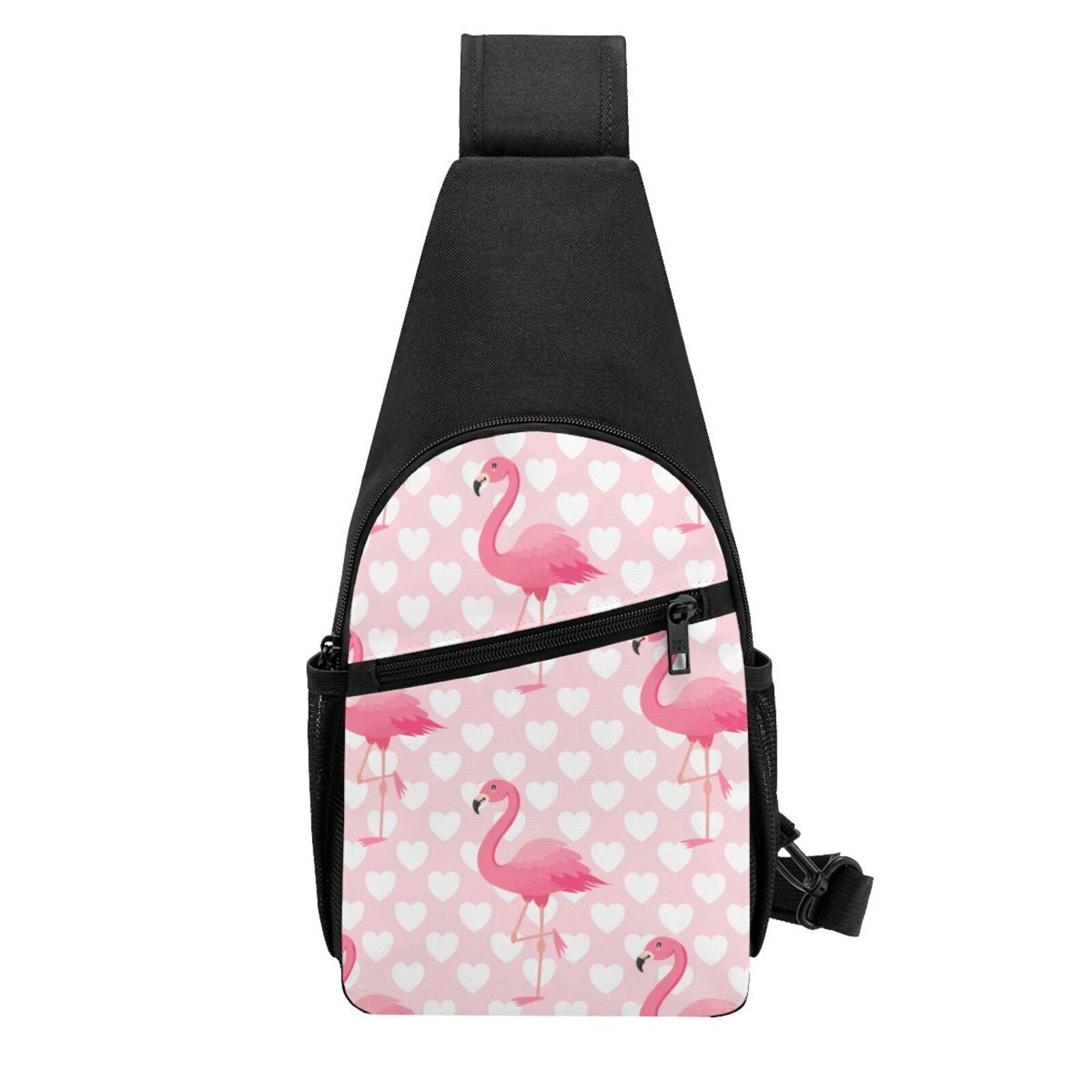 Xecao's Cute Flamingo with Heart Print Sling Bag: A Versatile Chest, Shoulder, and Crossbody Backpack for Casual Days Out, Perfect for Both Men and Women