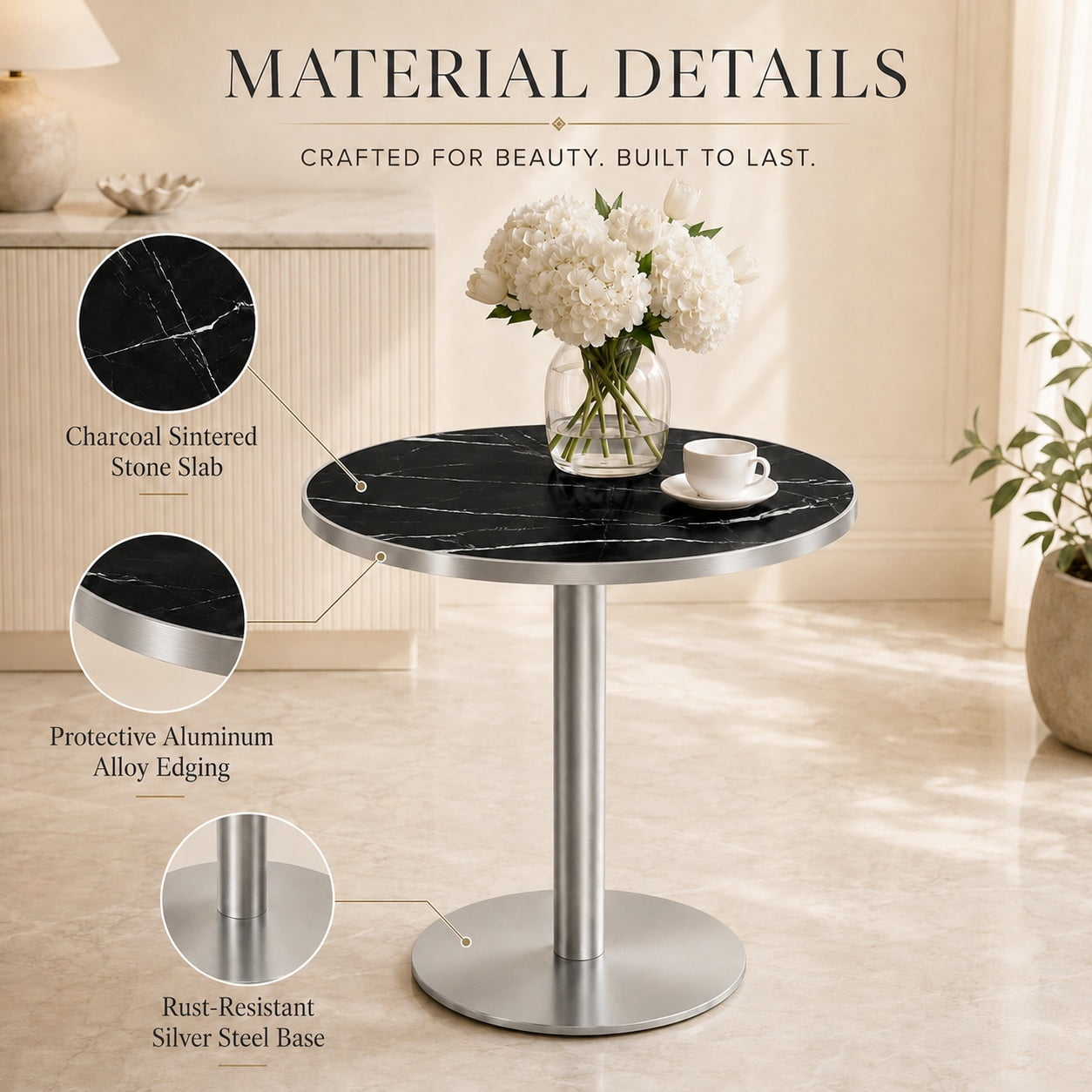 Aukfa 31.5" Round Sintered Stone Dining Table for 2-4, Kitchen Table Tulip Table with Silver Pedestal Base for Bistro Small Apartment,Obsidian Black