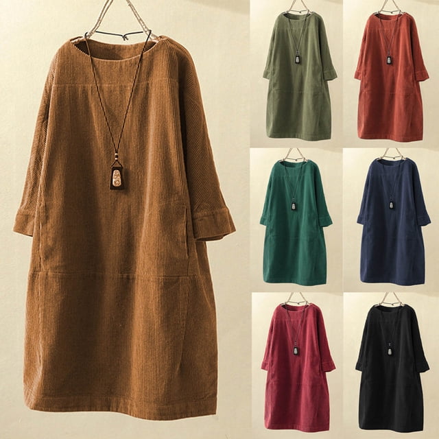 Gspmoly Robes Grande Taille pour Femmes aux Formes, Mode Grande Taille Femmes Robe Décontractée à Manches Longues en Velours Côtelé Uni avec Poches Robes de Cocktail pour Femmes jusqu'à 70 % de Rabais