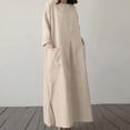 thumbnail image 3 of Women Cotton Linen Maxi Dress 3/4 Sleeve Crewneck Slit Shift Dresses Plus Size Casual Fall Trendy Oversized Tshirt Dress, 3 of 7