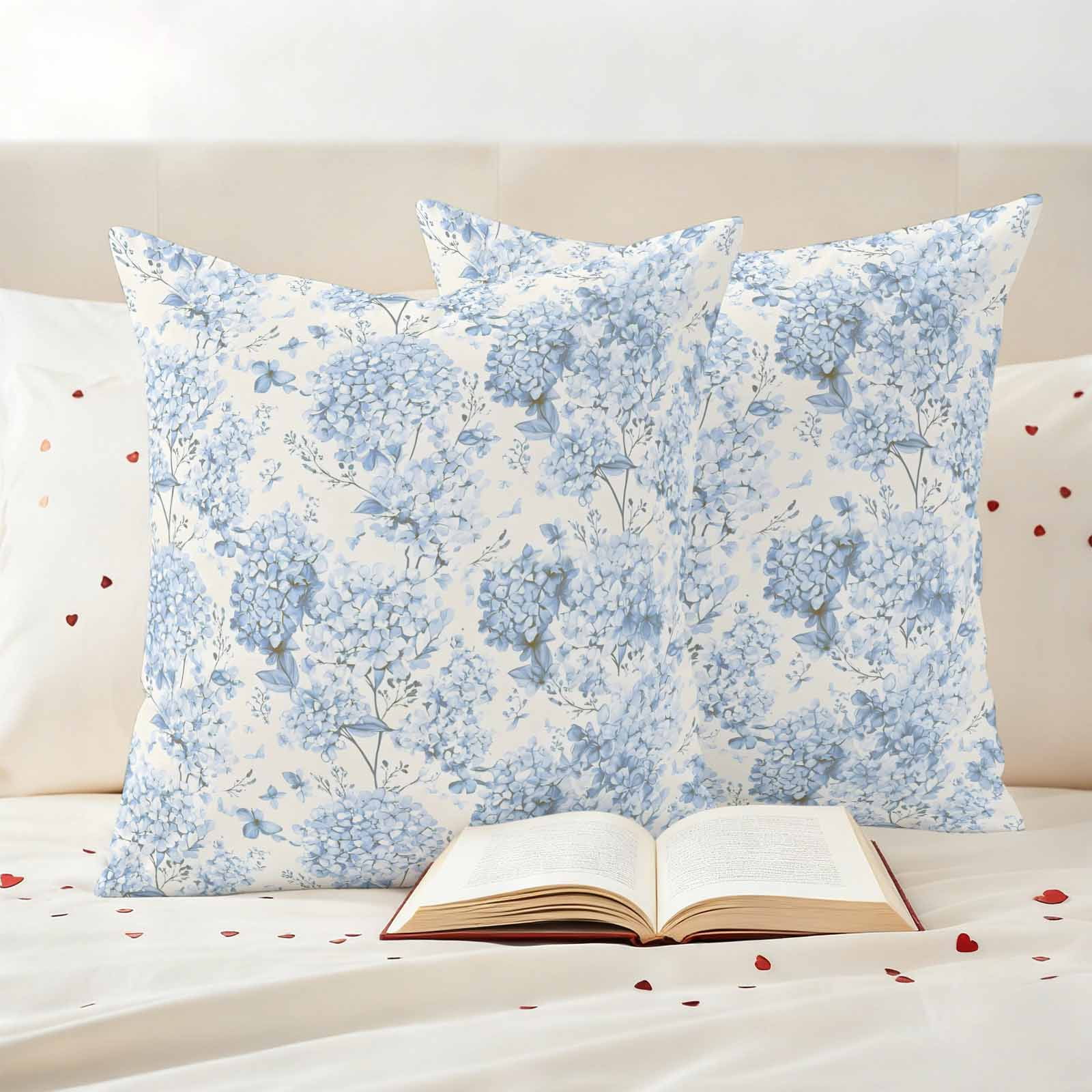 Spring Blue Flower Pillow Covers 2 Pack Hydrangeas Floral Leaf Plants Vintage Pillowcase Waterproof Outdoor Throw Pillow Cover for Patio Garden Square Cushion 16”x16”