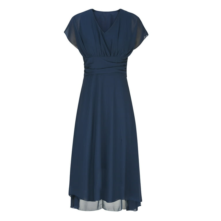 midnight blue plus size bridesmaid dresses Dark Navy Plus Size Chiffon Bridesmaid Dress - Deep V-Neck & Flutter Sleeves Flowy Gownwith Slit main image 1