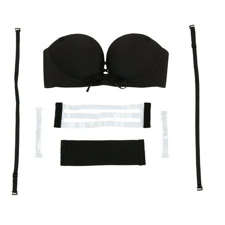 VKEKIEO Bras for Women no underwire Womens Sexy Strapless Push Up Sexy Backless Lace Up Adhesive Bra Black/38