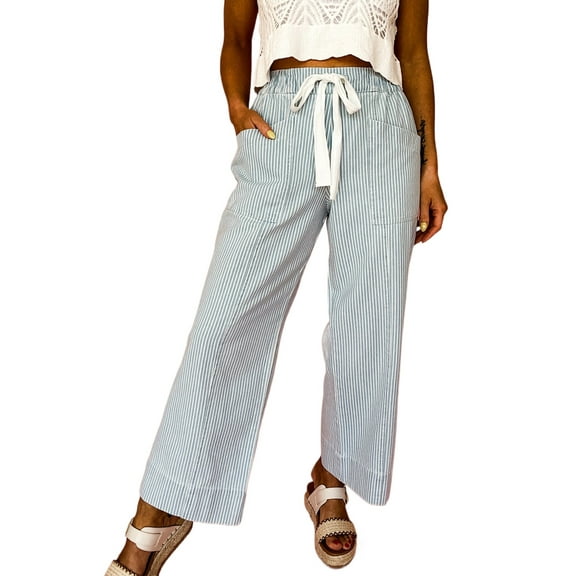 Sky Blue Stripe Mid Rise Drawstring Waist Jeans for Women | [ZhiHiMeRi] | 10