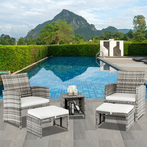 SYNGAR Patio PE Wicker Furniture Set, Outdoor 5 PCS Rattan Conversation Sofa Set, Sectional Furniture Set w/ Cushioned Chairs, Coffee Table & Ottoman, for Backyard, Patio, Deck, Poolside, Gray, D1078