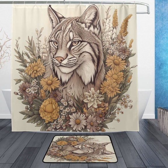 BZSMCE Shower Curtain and Bath Accessory Set,Lynx in Bloom Pattern