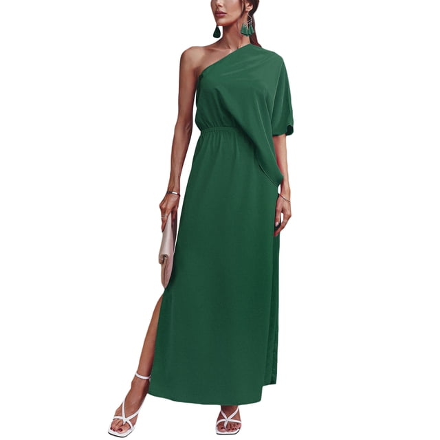 Sunloudy - Vestido de noche largo de verano para mujer, color sólido, sin espalda, con abertura alta, un hombro Sunloudy S M L XL
