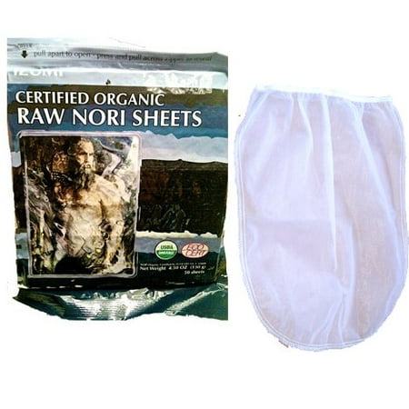 Raw Organic Nori Sheets 50 qty + Nut Milk Bag Certified Vegan Kosher Sushi Wrap Paper Unheated, Untoasted, Dried