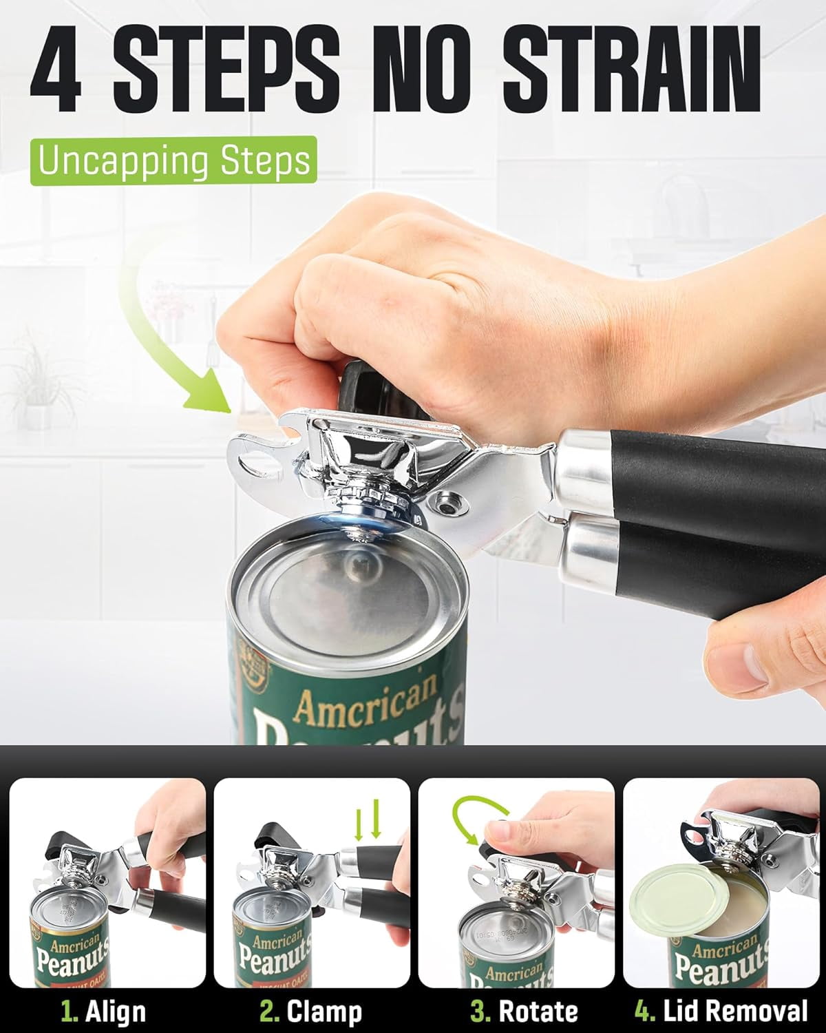 FRKSMD-Multifunctional Can Opener Manual, Durable Heavy Duty Handheld Strong Can Opener with Smooth Cutting Edge, Friendly Kitchen Essentials Tool for Seniors, Camping and Bottle Opening-Black