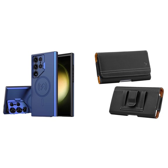 Bolt Alloy Series Case for Samsung Galaxy S24 Ultra with Glass Screen Protector, Belt Clip Holster Carrying Pouch - Electric Blue
