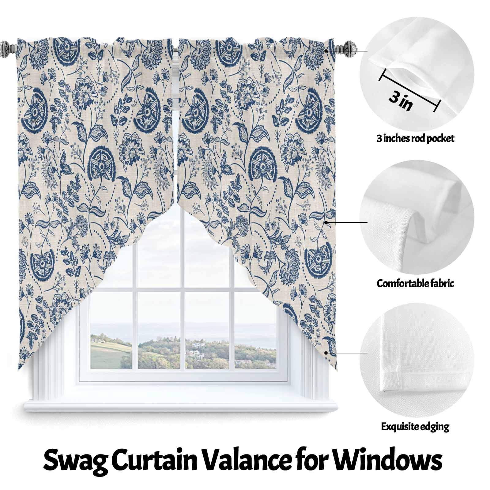 Farmhouse Navy Blue Floral Swag Valances for Windows 2 Pack Linen Boho Paisley Flower Rustic Swag Kitchen Curtains 63 Inches Long Rod Pocket Short Window Treatment for Kitchen Bathroom 36"x63"