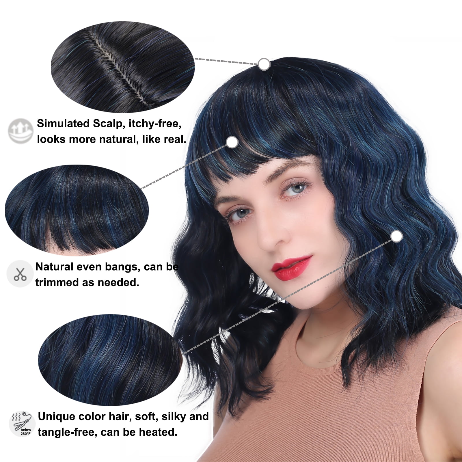 ?NAIMA 12” BLACK SHORT WAVY BANG BOB Wig * NWT* MORICA Curly Bob Wig with Bangs 12 inch Short Wavy Black Mix  main image 4