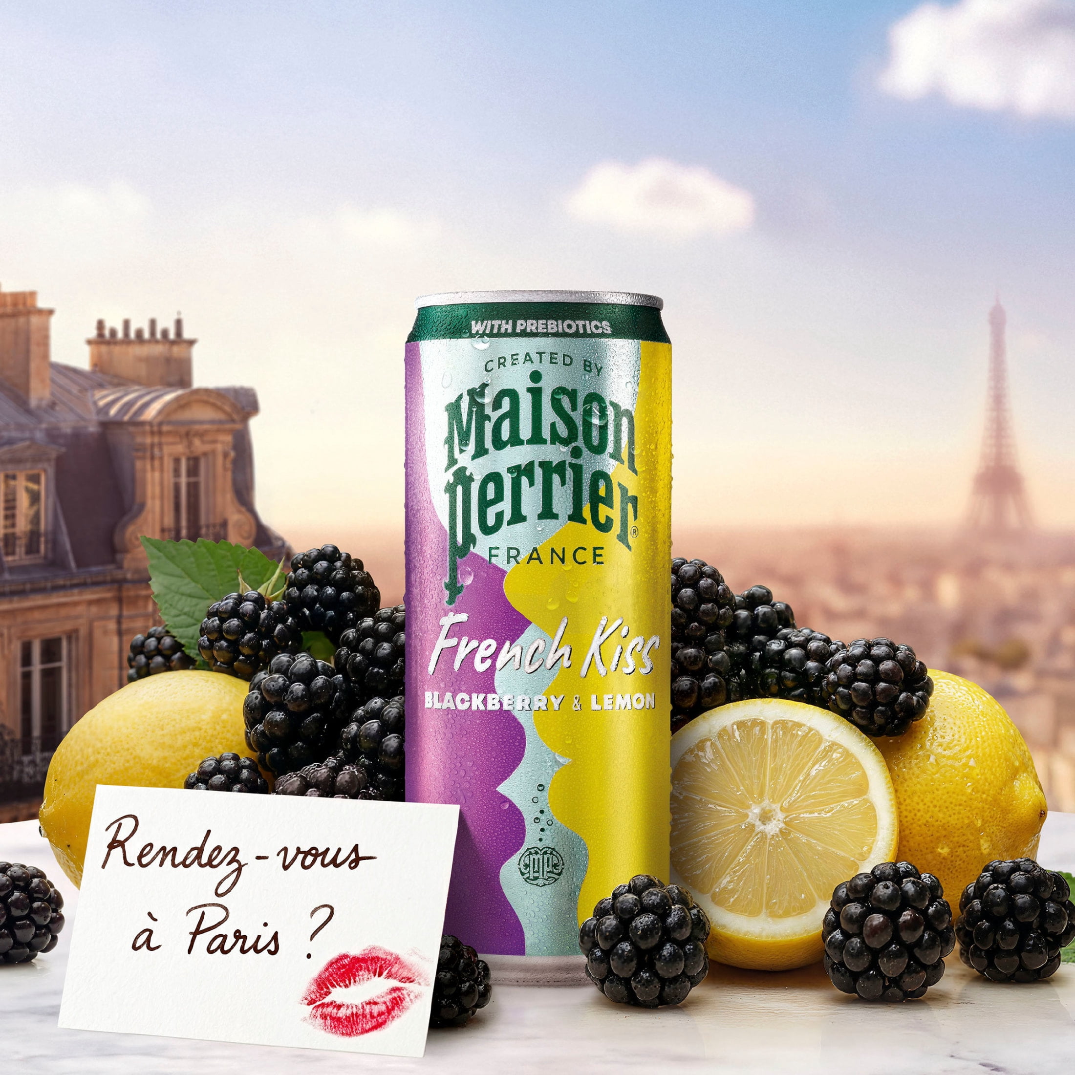 Maison Perrier French Kiss Sweetened Sparkling Water, Blackberry & Lemon Flavors with Real Fruit Juices, 24PK