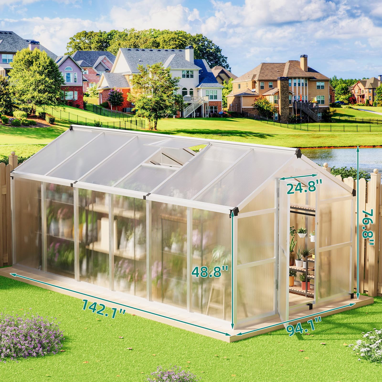 Ataucjin 8x12FT Greenhouse for Outdoors,Aluminum Greenhouse with Quick Setup Structure and Roof Vent,Polycarbonate Greenhouses Heavy Duty,Large Walk-in Greenhouse for Winter Garden,Backyard,Patio,Lawn