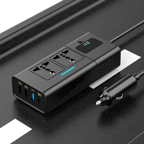 Inversor de coche de 200W Toma de corriente de 12V a 110V AC con USB QC3.0 y carga rápida PD - Convertidor portátil de 6 puertos para teléfonos, portátiles, viajes