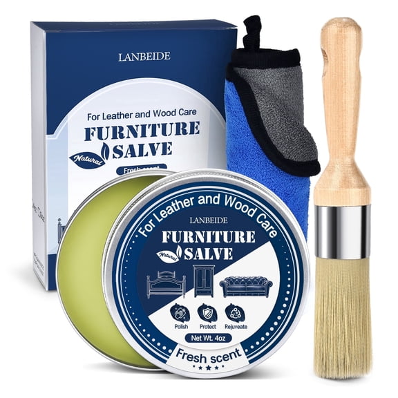 LANBEIDE Furniture Salve 4oz – Restores, Conditions & Polishes Leather & Wood, Scratch Repair Kit with Brush & Towel – All-in-One