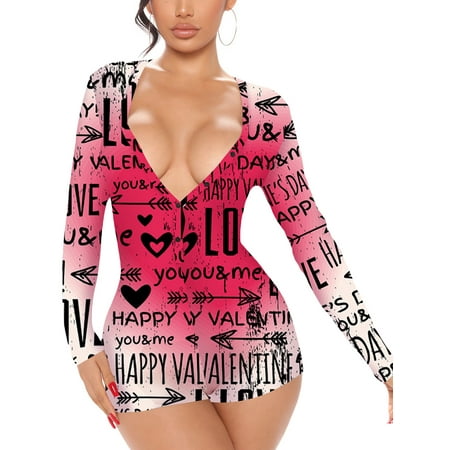 

AmShibel Women Valentines Day Bodysuit Pajamas Jumpsuits Rompers Button Sexy Long Sleeve V Neck Cute Letter Heart Print Sleepwear