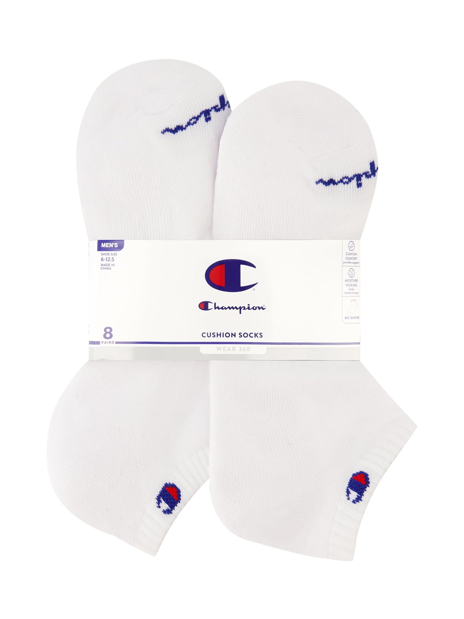 Champion Men’s No Show Socks 8 Pack – Half Terry Cushion, Moisture-Wicking, Arch Support, Stretch Comfort, Sizes 6–12.5