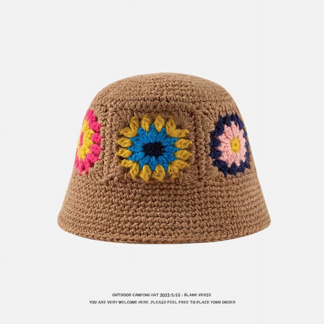 LinYooLi Female Handmade Flower Knitted Fisherman Hat Women Crochet Color Matching Bucket Cap Autumn Winter Ladies Warm Wool Panama Caps