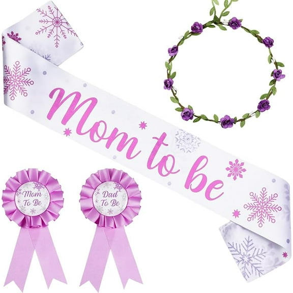 Serencatcher Purple Winter Baby Shower Decorations, Winter Snowflake Mom to Be Sash Mom Dad to Be Pin Flower Crown Headband for Baby Its Cold Outside Baby Shower Party Favor