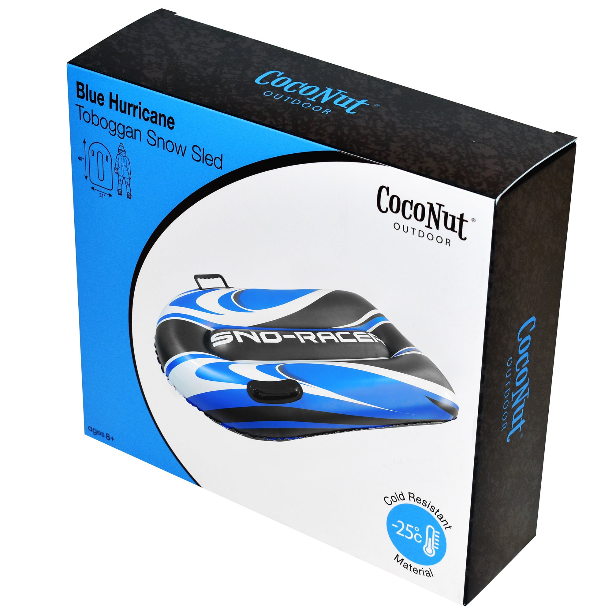 CocoNut Outdoor: Blue Hurricane Toboggan Snow Sled - 48x31" Blue-Black-White, Winter Inflatable, Cold Resistant PVC, 200lb Cap, Kids-Teens-Adults 8+