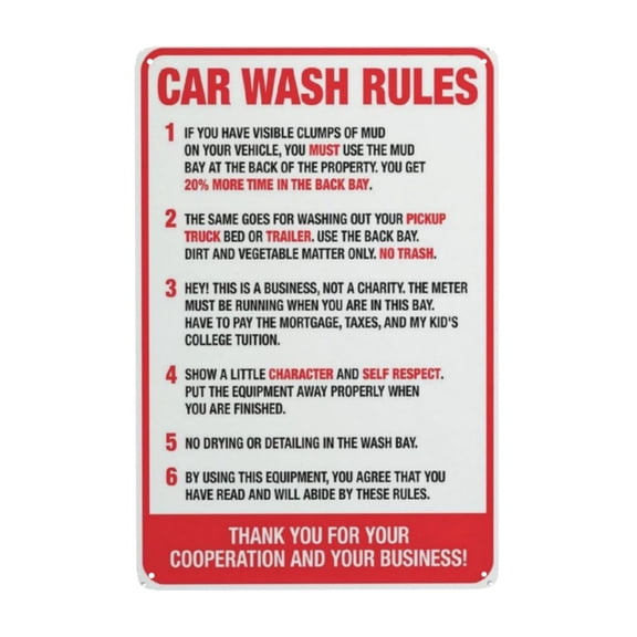 Car Wash Rules Sign Tin Sign Warning Metal Sign Vintage Sign Wall Decor for Home Farm Bar Coffee Shop Club Decoration 8x12 Inch
