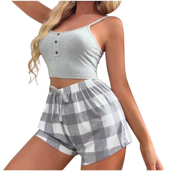 Tnhcen Women's Solid Color Button Crew Neck Tank & Plaid Elastic Waistband Shorts Sleepwear Set Cute Pajamas Homewear S to XL