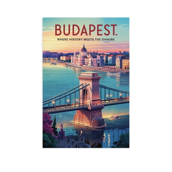 Budapest Retro Travel Poster Vintage Hungarian City Tourism with Parliament & Danube River Print Poster