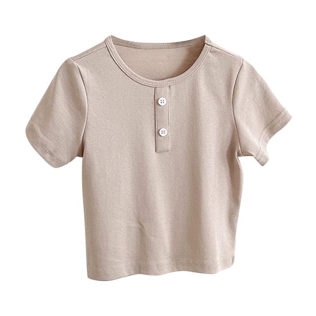 Zpanxa T-Shirts pour Filles Couleur Unie à Boutons Col Rond Manches Courtes Décontracté Haut en Coton Stylé 6 Ans