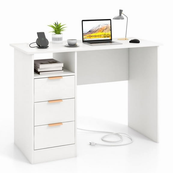 Spaco Home Office Desk with Power Outlet 3 Storage Drawers and Open Compartment-White, Office Desk, Gaming Computer Desks for Study,Working,Writing