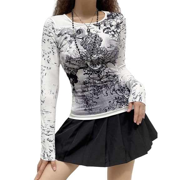 Fairy Grunge Y2k Shirts Crop Top for Women Long Sleeve Graphic Print Y2k Top Vintage Harajuku Tee Shirt Streetwear