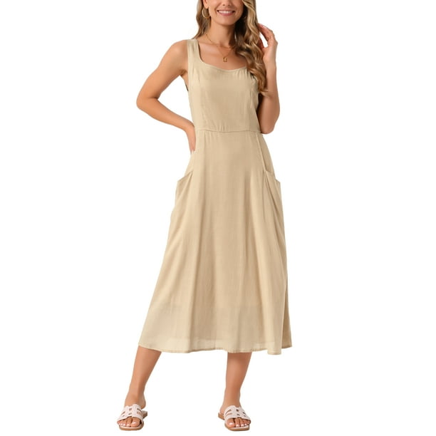 Vestido midi casual sin mangas de corte A con escote redondo para mujer INSPIRE CHIC en color caqui, talla L