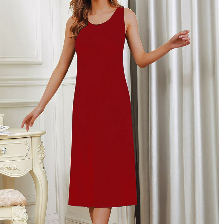 Nightgowns for Women Built in Bra Sleeveless Midi Pajama Dress Sleepwear  Lounge Long Dresses Solid Color Homewear (X-Large, Wine)