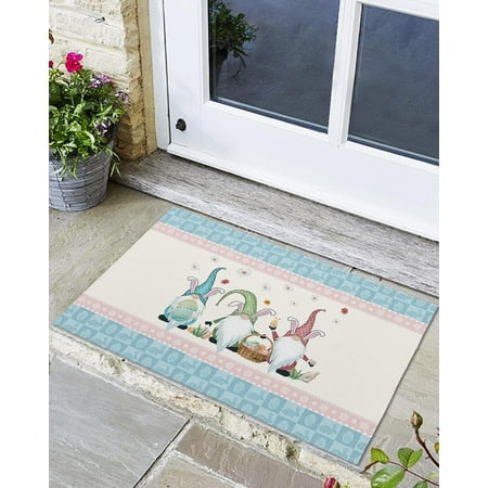 

Indoor Outdoor Mats Easter Eggs and Gnomes Blue Bunny Plaid Door Mat Non-Slip Absorbent Resist Dirt Entrance Mat Washable Welcome Mats for Entryway Low-Profile Floor Mats