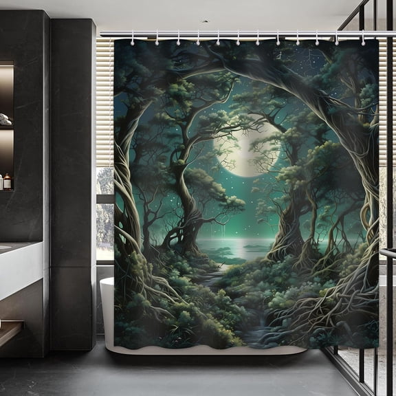 Forest Shower Curtain for Bathroom, Night Moon Landscape Shower Curtain Set Waterproof Fabric Bathtub Curtain Decor with 12 Hooks, 72x72 inches