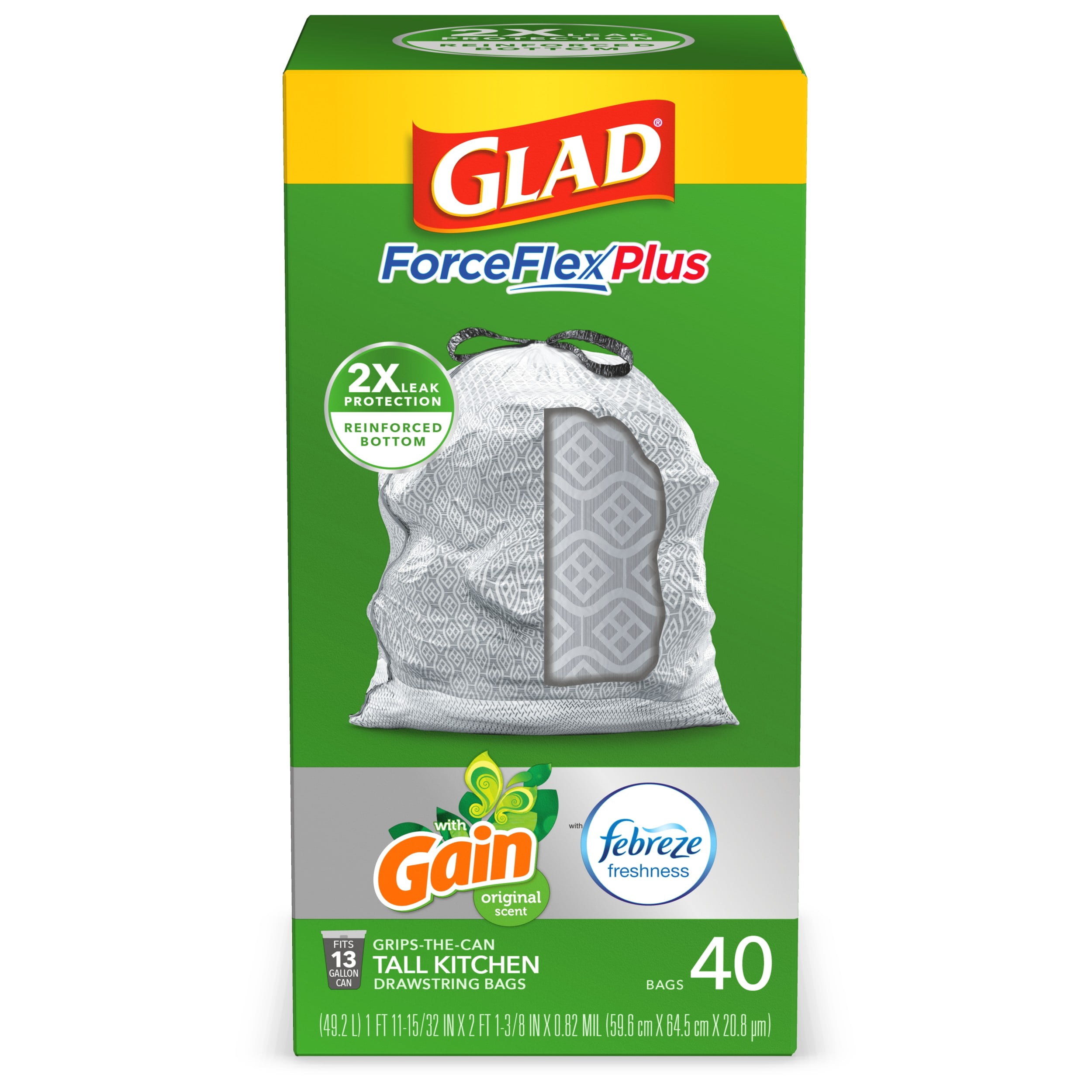 Glad Tall Kitchen Trash Bags, 13 Gallon, 40 Bags (ForceFlexPlus, Gain