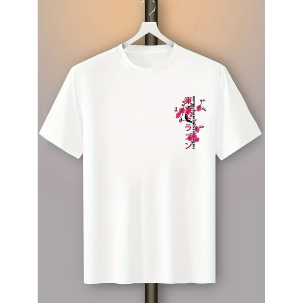Men'S Y2K Style Dragon and Cherry Blossom Print T-Shirt, Street Style, Crew Neck, Medium Stretch, Short Sleeve, Regular Length, Pullovers Placket, No Belt, for Weekend Casual, Casual Sporty Tee