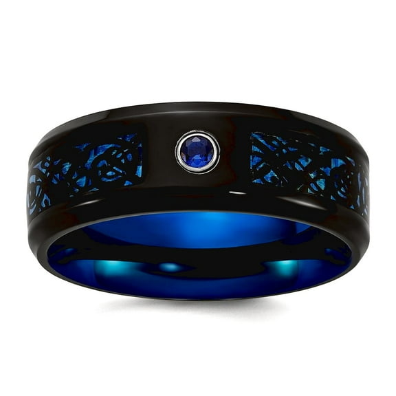 8mm Titanium Polished Black Blue Ip Cubic Zirconia Carbon Fiber Inlay In Clear Epoxy Band Size 9 Ring for Women and Men