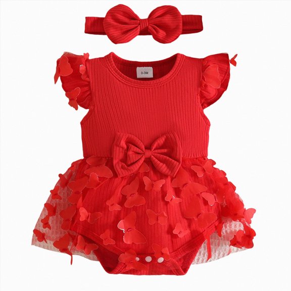 gdxvjhbj Toddler Girl Romper Newborn Baby Girl Romper Dress Floral Short Sleeve Ruched Jumpsuit Ruffle Bodysuit Headband Infant Summer Outfits 0 3 6 9 12 18 24 Months (Red,12-18 Months)