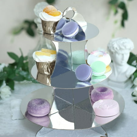 

14 3-Tier Metallic Silver Cardboard Cupcake Dessert Stand Treat Tower - Case of 50 Stands