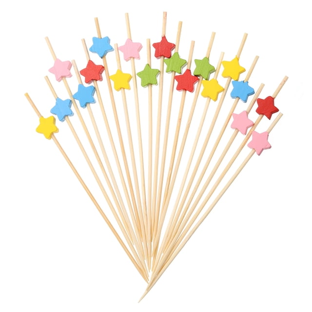 Uxcell 100Pcs Palillos de cóctel en forma de estrella de bambú para bebidas, comida, fruta, colorido