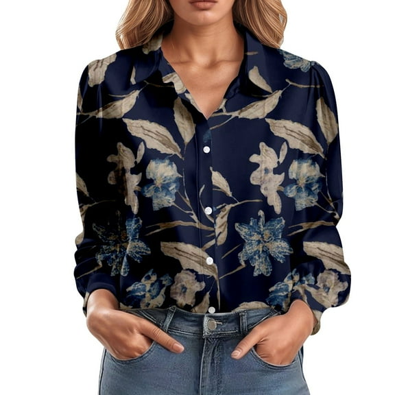 Womens Casual Button Down Shirts Novelty Trendy Floral Print Long Sleeved Collared Blouses Relaxed Fit Casual Outfit Tunic Tops