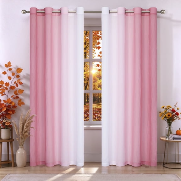 Junvictex Ombre Crushed Chiffon Pink Sheer Curtains 52"Wx84"L for Bedroom Living Room Decor, Set of 2 Crinkle Curtain Panels,Grommet