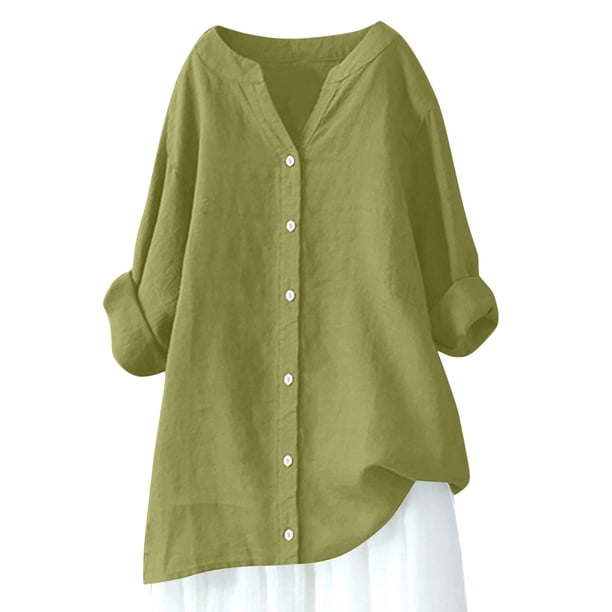 Blusa holgada con botones para mujer: camisa de manga larga y color liso, top informal con cuello en V para el trabajo o el fin de semana, tallas S-5XL.