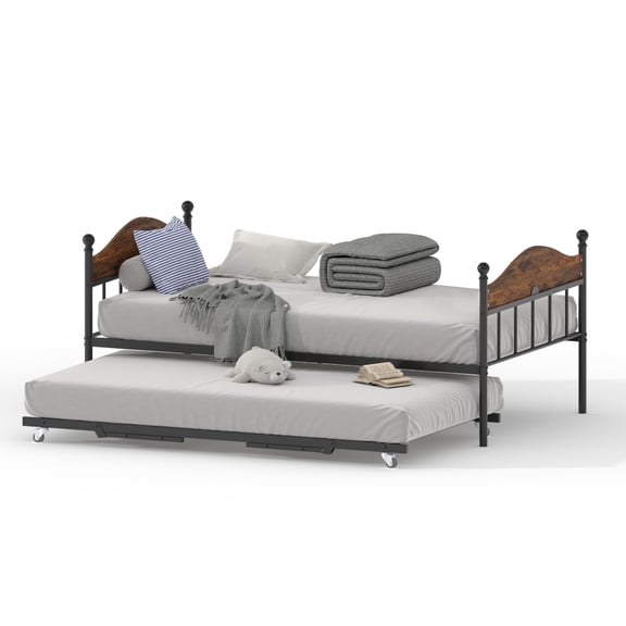 Daybed with Trundle, Metal Twin Size Day Bed with Stylish Headboard, Sofa BedFrame with Pop Up Foldable Trundle Bed, Heavy Duty Steel Slats Platform for Living Room, Bedroom and Guest Room, Brown
