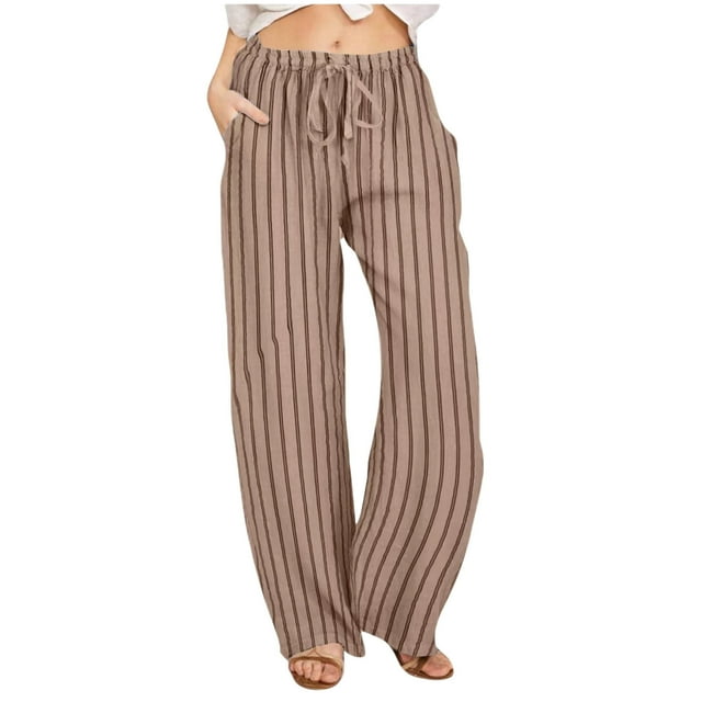 Women's Plus Size Loose Striped Linen Long Pants - Comfortable and Stylish